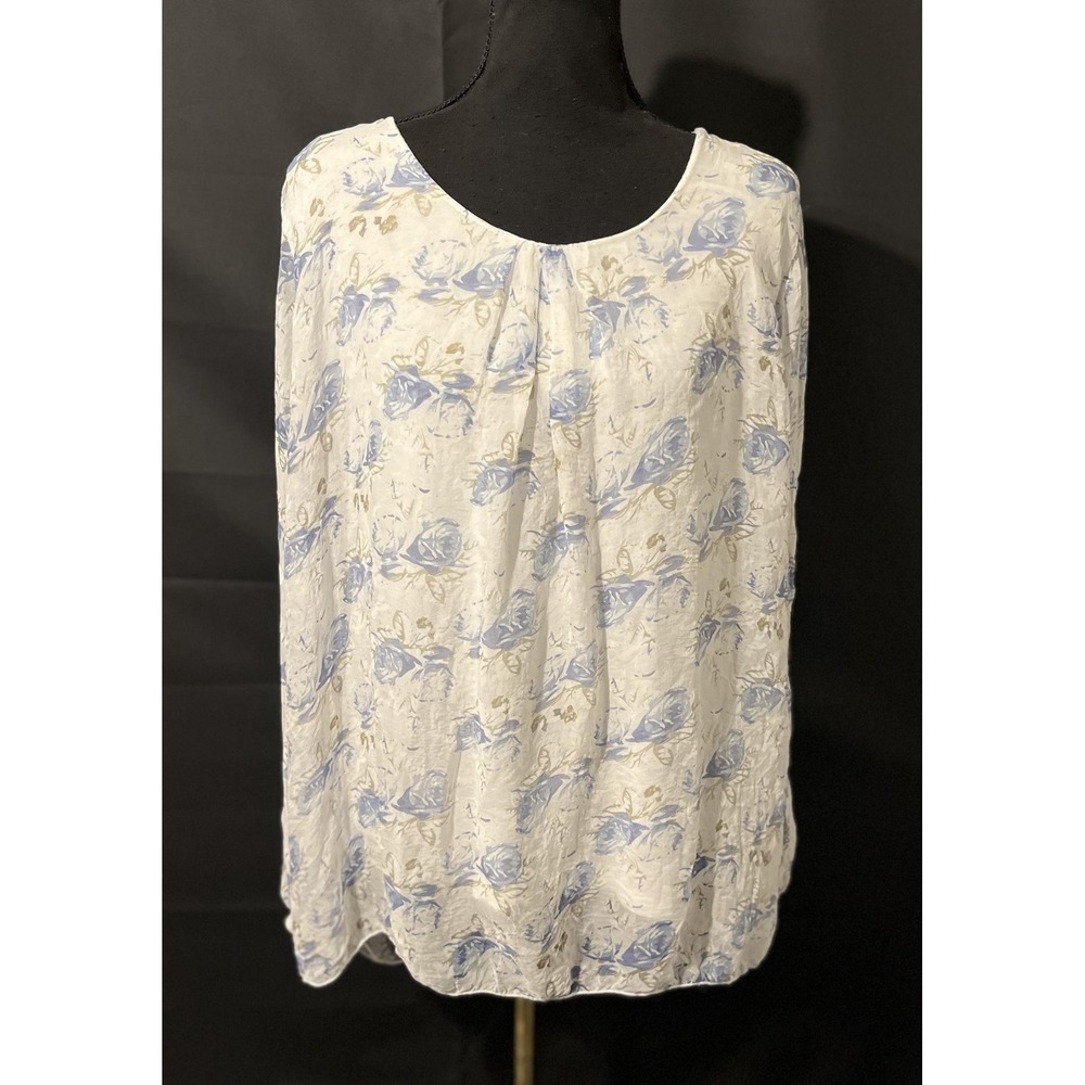 Elena Baldi Shirt Womens 100% Silk 3X White Blue Floral Crinkle Made‎ Italy